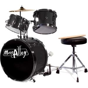 imageMusic Alley 3 Piece Kids Drum Set with Drum Sticks ampamp Drum Throne SeatMetallic Black