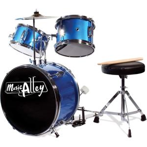 imageMusic Alley 3 Piece Kids Drum Set with Drum Sticks ampamp Drum Throne SeatMetallic Blue
