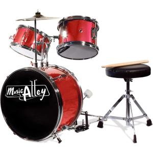 imageMusic Alley 3 Piece Kids Drum Set with Drum Sticks ampamp Drum Throne SeatMetallic Red