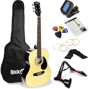 imageRockJam Acoustic Guitar Kit with Stand Tuner Gig Bag Strap Picks Spare Strings ampamp LessonsNatural